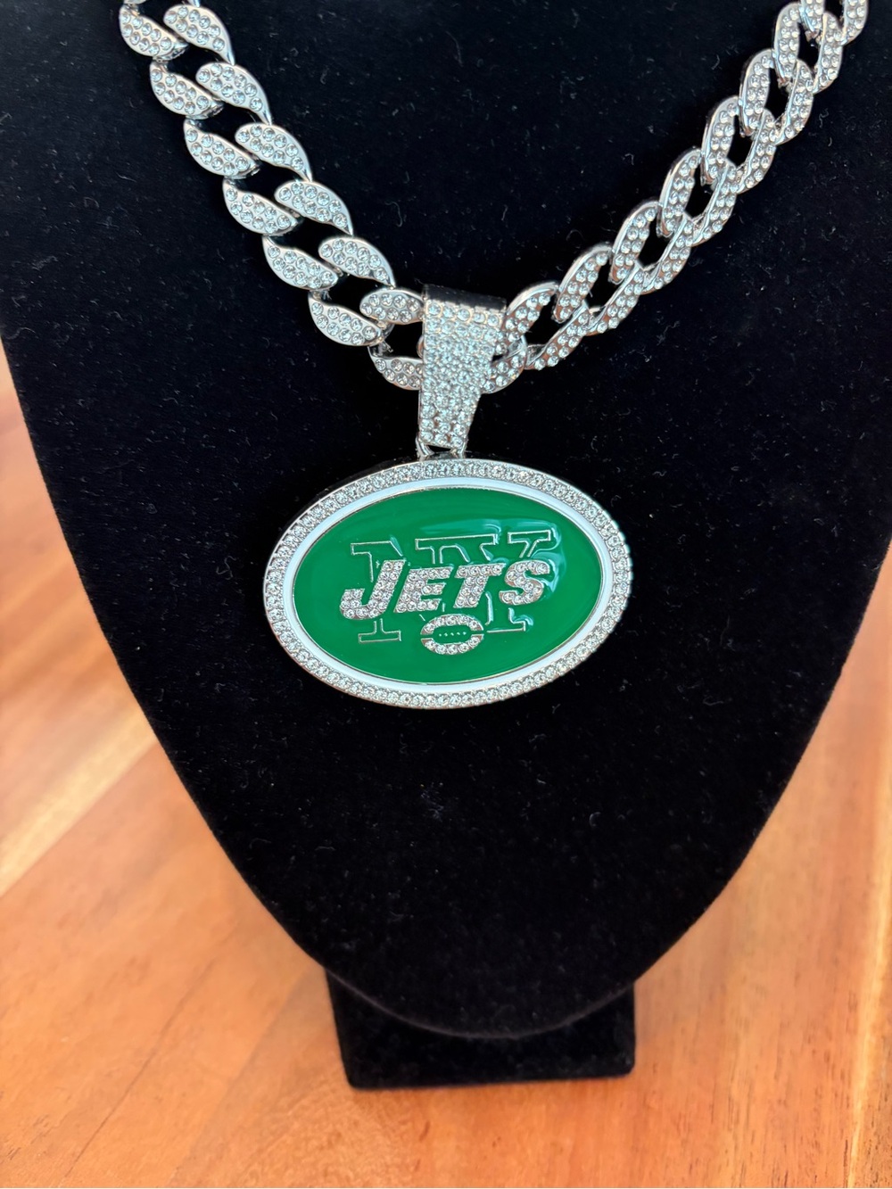 NFL Silver Cuban Chain Necklace with Green Jets Pendant